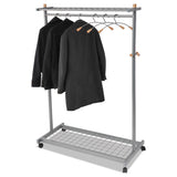 Alba™ Garment Racks, Two-Sided, 2-Shelf Coat Rack, 6 Hanger/6 Hook, 44.8w x 21.67d x 70.8h, Silver/Wood (ABAPMLUX6)