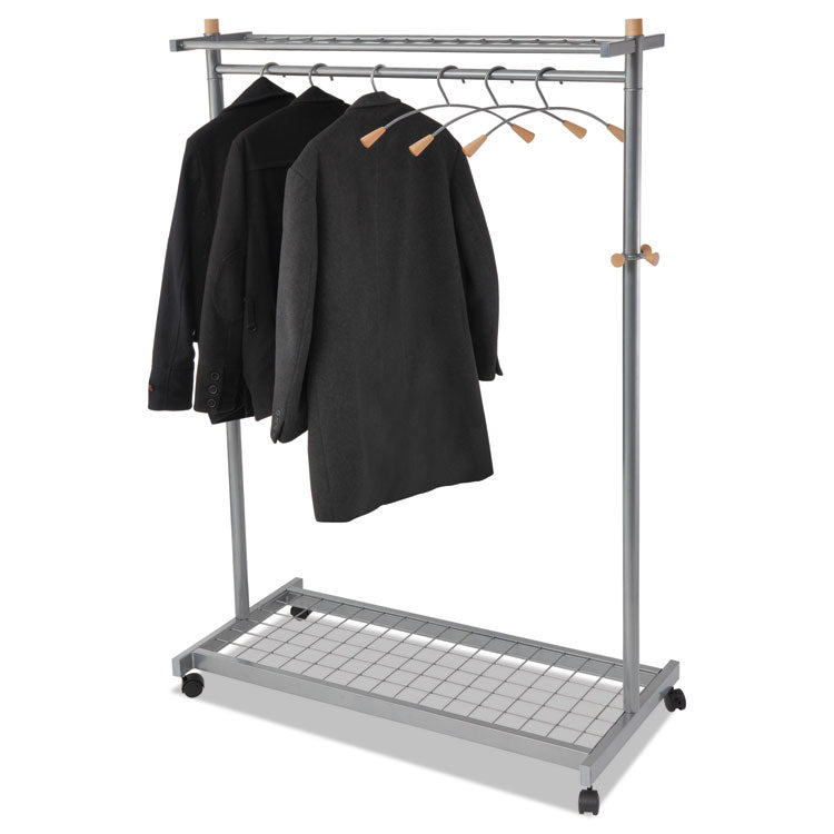 Alba™ Garment Racks, Two-Sided, 2-Shelf Coat Rack, 6 Hanger/6 Hook, 44.8w x 21.67d x 70.8h, Silver/Wood (ABAPMLUX6) Each