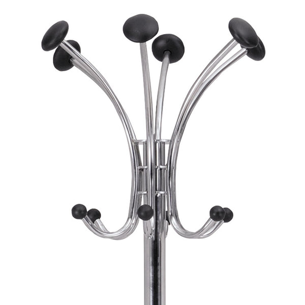 Alba™ Chromy Coat Stand, 12 Knobs, 16w x 16d x 70.5h, Chrome/Black (ABAPMCLAS)