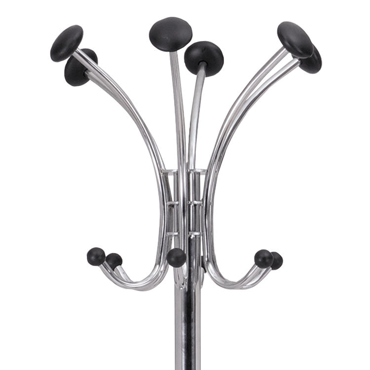 Alba™ Chromy Coat Stand, 12 Knobs, 16w x 16d x 70.5h, Chrome/Black (ABAPMCLAS) Each