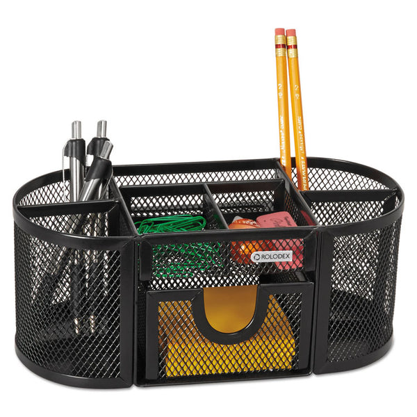Rolodex™ Mesh Oval Pencil Cup Organizer, 4 Compartments, Steel, 9.38 x 4.5 x 4, Black (ROL1746466)