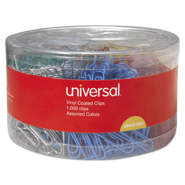 Universal® Plastic-Coated Paper Clips with Six-Compartment Organizer Tub, #3, Assorted Colors, 1,000/Pack (UNV21000)