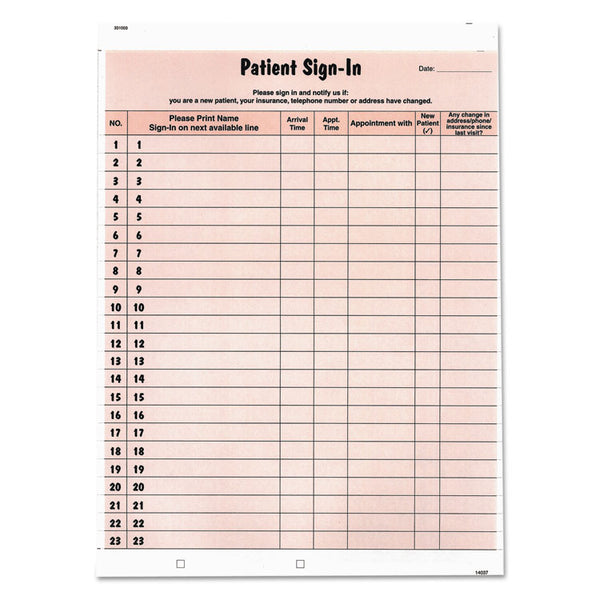 Tabbies® Patient Sign-In Label Forms, Two-Part Carbon, 8.5 x 11.63, Salmon Sheets, 125 Forms Total (TAB14530) Pack of 125