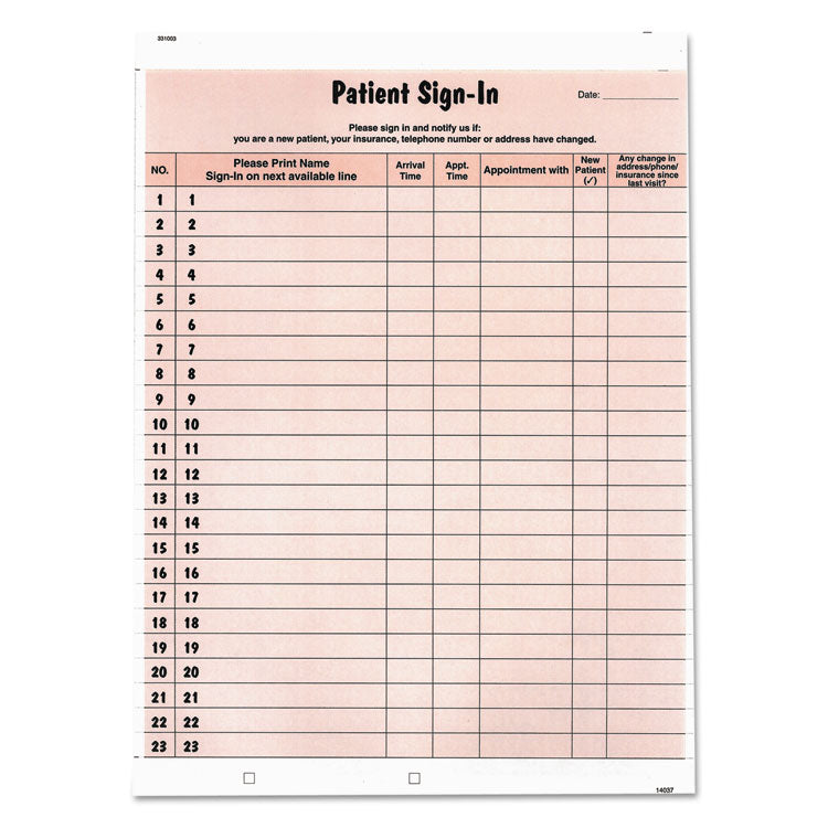 Tabbies® Patient Sign-In Label Forms, Two-Part Carbon, 8.5 x 11.63, Salmon Sheets, 125 Forms Total (TAB14530) Pack of 125