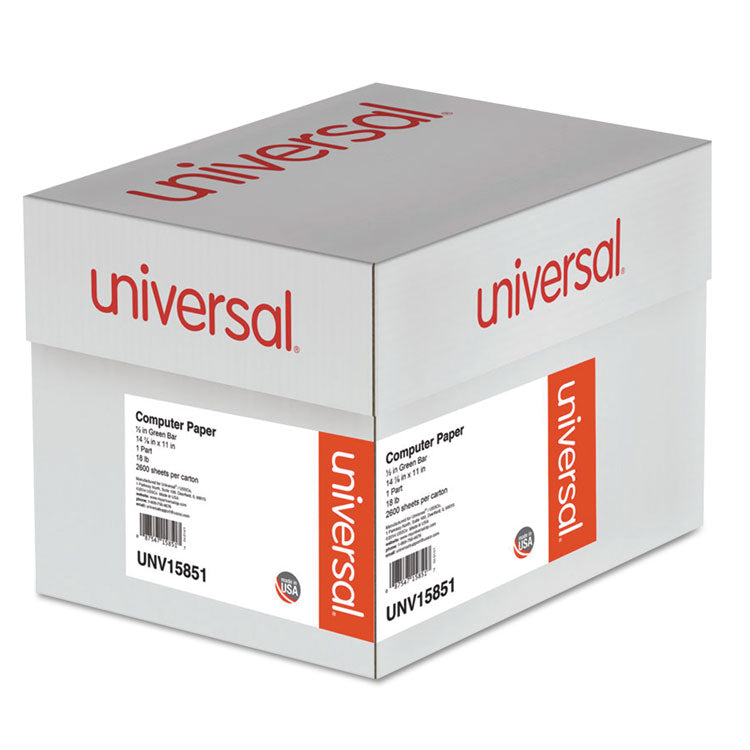 Universal® Printout Paper, 1-Part, 18 lb Bond Weight, 14.88 x 11, White/Green Bar, 2,600/Carton (UNV15851)