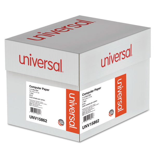 Universal® Printout Paper, 1-Part, 20 lb Bond Weight, 14.88 x 11, White/Blue Bar, 2,400/Carton (UNV15862)