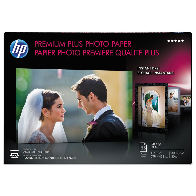 HP Premium Plus Photo Paper, 11.5 mil, 11 x 17, Glossy White, 25/Pack (HEWCV065A)