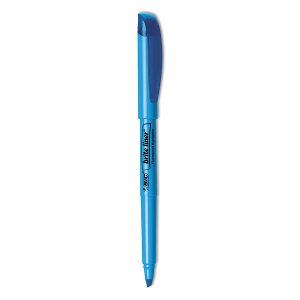 BIC® Brite Liner Highlighter, Fluorescent Blue Ink, Chisel Tip, Blue/Black Barrel, Dozen (BICBL11BE)