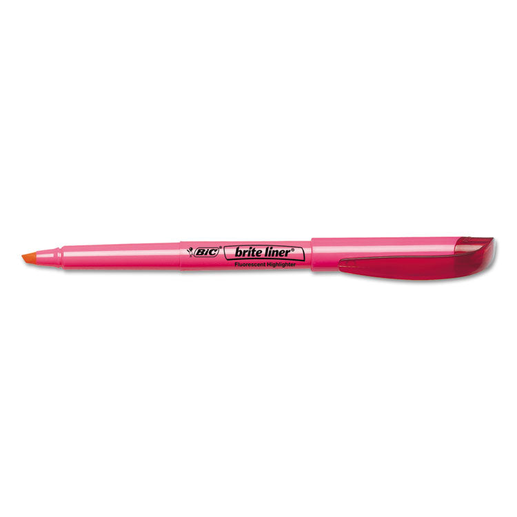 BIC® Brite Liner Highlighter, Fluorescent Pink Ink, Chisel Tip, Pink/Black Barrel, Dozen (BICBL11PK)