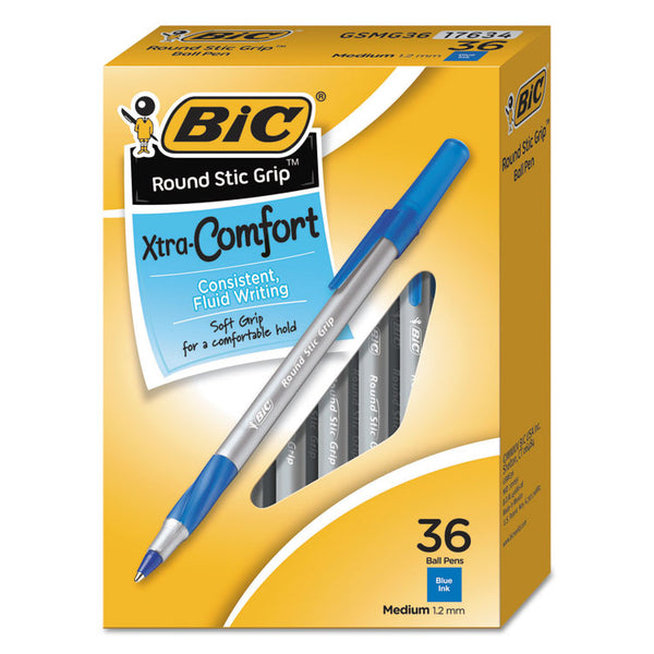 BIC® Round Stic Grip Xtra Comfort Ballpoint Pen Value Pack, Easy-Glide, Stick, Medium 1.2 mm, Blue Ink, Gray/Blue Barrel, 36/Pack (BICGSMG361BE)