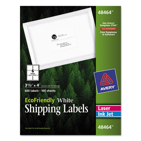 Avery® EcoFriendly Mailing Labels, Inkjet/Laser Printers, 3.33 x 4, White, 6/Sheet, 100 Sheets/Pack (AVE48464)