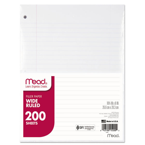 Mead® Filler Paper, 3-Hole, 8 x 10.5, Wide/Legal Rule, 200/Pack (MEA15200)