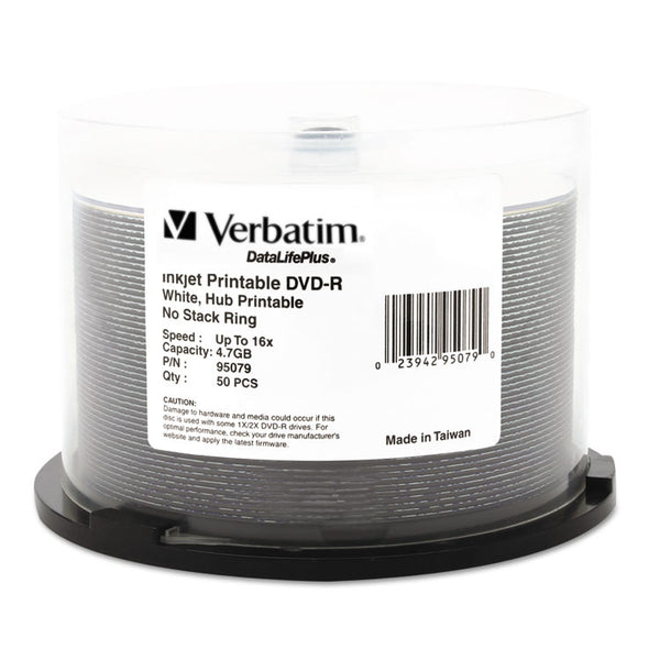 Verbatim® DVD-R DataLife Plus Printable Recordable Disc, 4.7 GB,16x, Spindle, White, 50/Pack (VER95079)