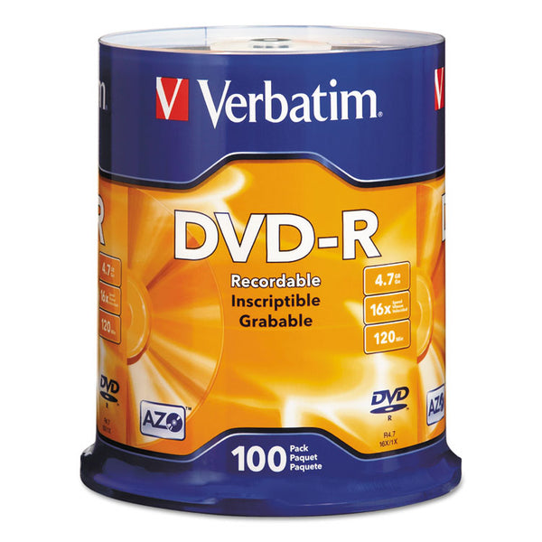 Verbatim® DVD-R Recordable Disc, 4.7 GB, 16x, Spindle, Silver, 100/Pack (VER95102)
