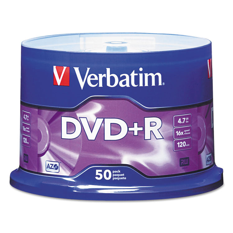 Verbatim® DVD+R Recordable Disc, 4.7 GB, 16x, Spindle, Matte Silver, 50/Pack (VER95037)