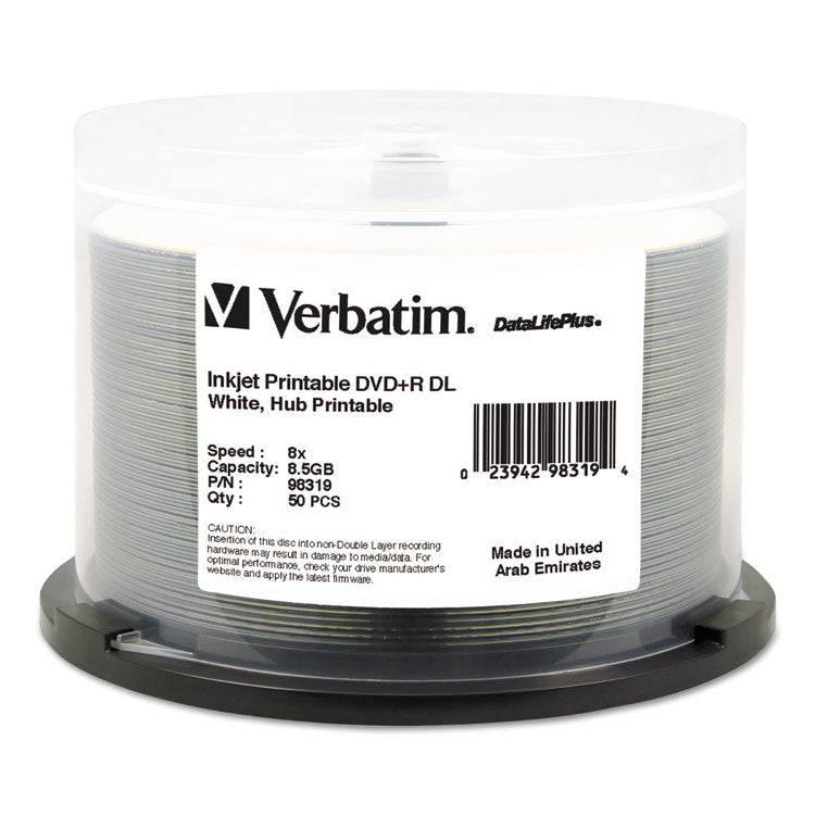 Verbatim® DVD+R Dual Layer Printable Recordable Disc, 8.5 GB, 8x, Spindle, White, 50/Pack (VER98319)