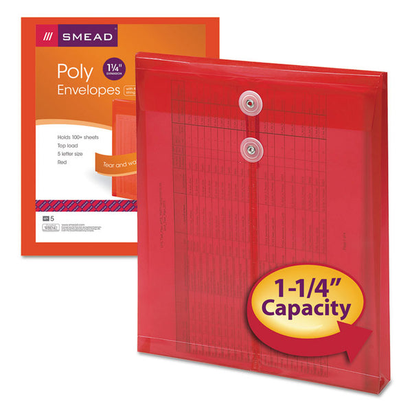 Smead™ Poly String and Button Interoffice Envelopes, Open-End (Vertical), 9.75 x 11.63, Transparent Red, 5/Pack (SMD89547)