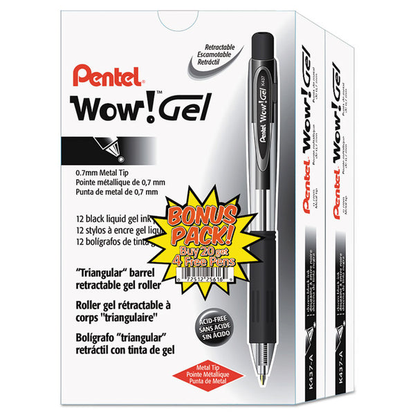 Pentel® WOW! Gel Pen Bonus Pack, Retractable, Medium 0.7 mm, Black Ink, Clear/Black Barrel, 24/Pack (PENK437ASW2) Pack of 24