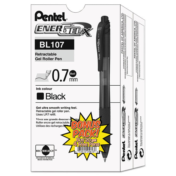 Pentel® EnerGel-X Gel Pen, Retractable, Medium 0.7 mm, Black Ink, Smoke/Black Barrel, 24/Pack (PENBL107ASW2)