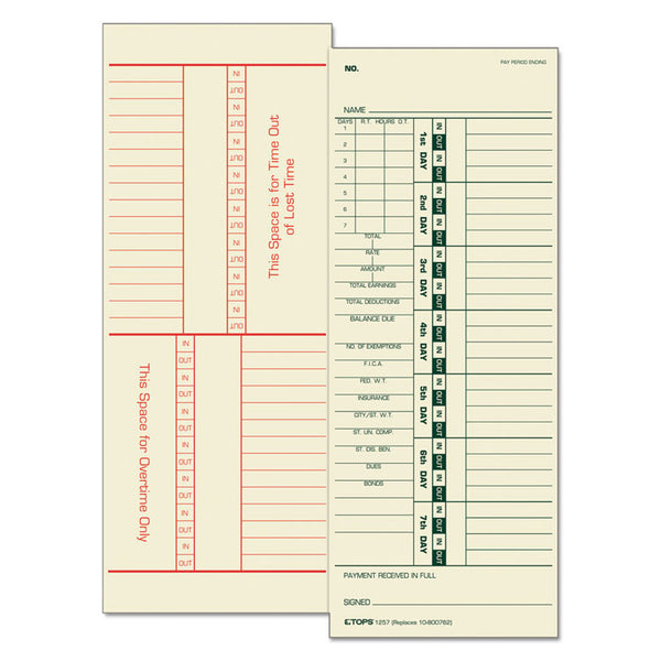TOPS™ Time Clock Cards, Replacement for 10-800762, Two Sides, 3.5 x 9, 500/Box (TOP1257) Pack of 500