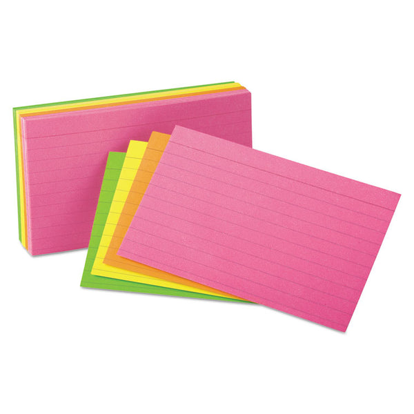 Oxford™ Ruled Index Cards, 3 x 5, Glow Green/Yellow, Orange/Pink, 100/Pack (OXF40279) Pack of 100