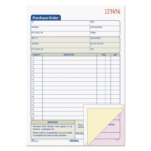 TOPS™ Purchase Order Book, 15 Lines, Three-Part Carbonless, 5.56 x 8.44, 50 Forms Total (TOP46141) Each