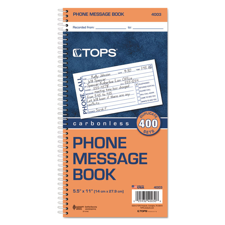 TOPS™ Spiralbound Message Book, Two-Part Carbonless, 5 x 2.75, 4 Forms/Sheet, 400 Forms Total (TOP4003) Each