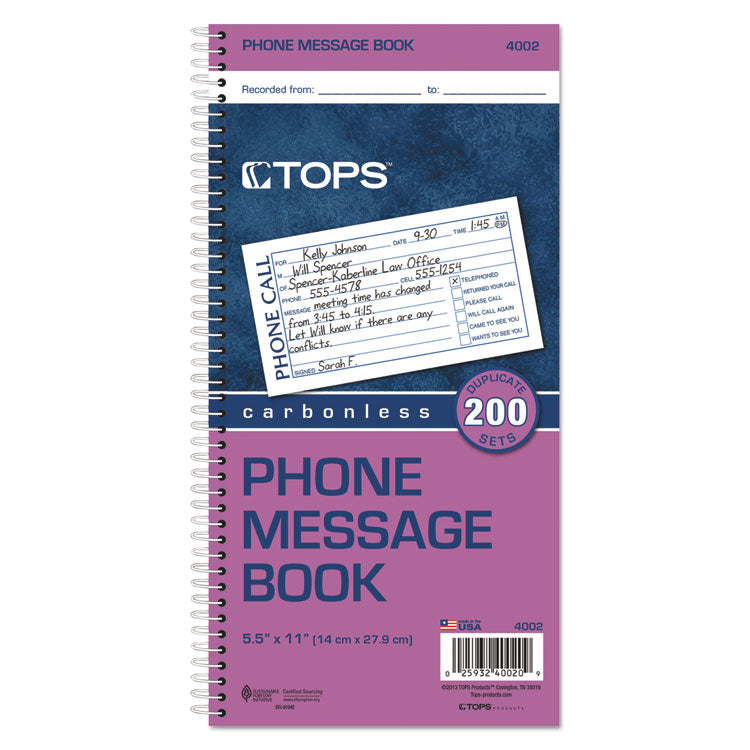 TOPS™ Spiralbound Message Book, Two-Part Carbonless, 5 x 2.75, 4 Forms/Sheet, 200 Forms Total (TOP4002) Each