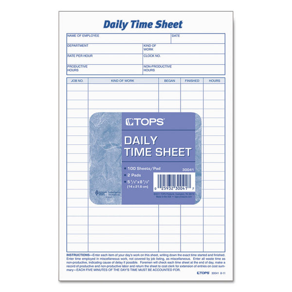 TOPS™ Daily Time and Job Sheets, One-Part (No Copies), 8.5 x 5.5, 200 Forms/Pad, 2 Pads/Pack (TOP30041) Pack of 2