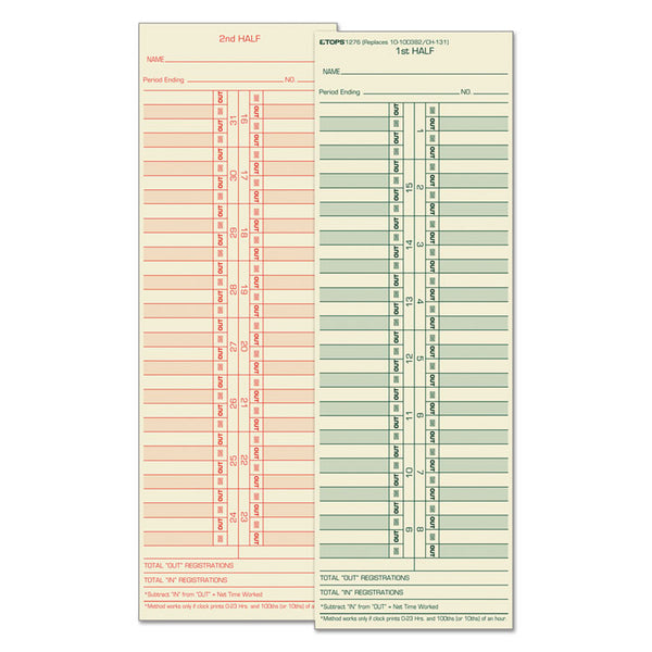 TOPS™ Time Clock Cards, Replacement for 10-100382/1950-9631, Two Sides, 3.5 x 10.5, 500/Box (TOP1276) Pack of 500