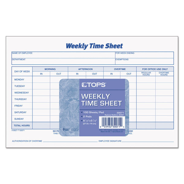 TOPS™ Weekly Time Sheets, One-Part (No Copies), 8.5 x 5.5, 50 Forms/Pad, 2 Pads/Pack (TOP30071) Pack of 2