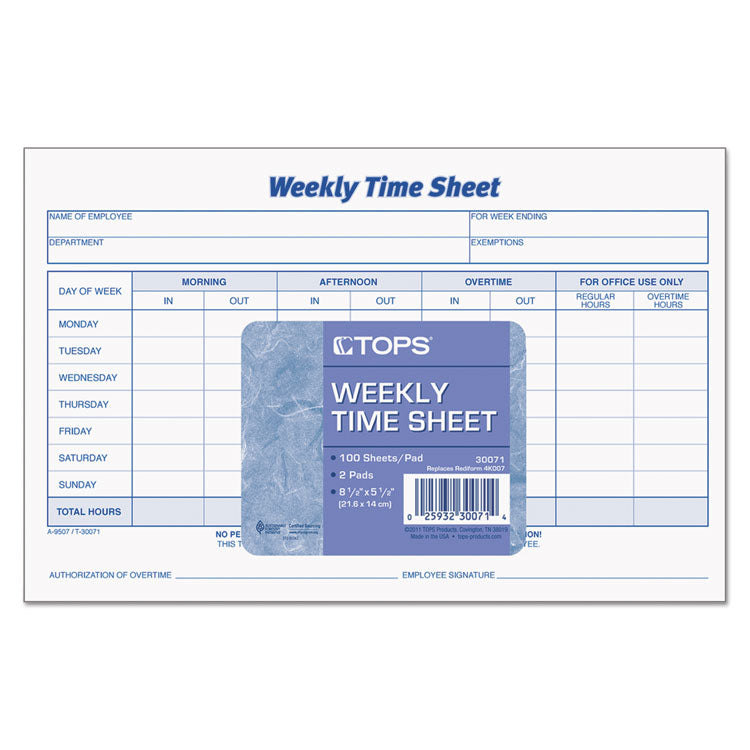 TOPS™ Weekly Time Sheets, One-Part (No Copies), 8.5 x 5.5, 50 Forms/Pad, 2 Pads/Pack (TOP30071) Pack of 2