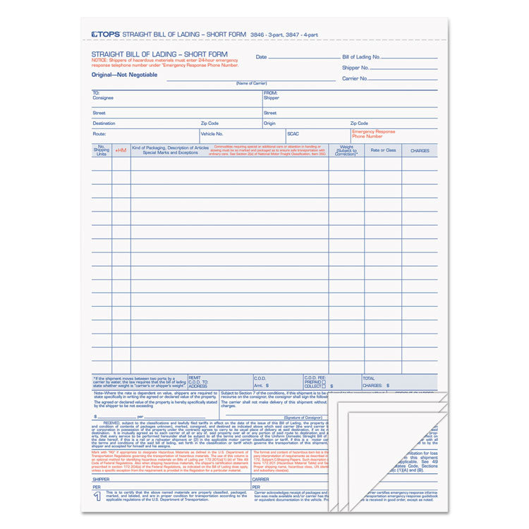 TOPS™ Bill of Lading, Four-Part Carbonless, 8.5 x 11, 50 Forms Total (TOP3847) Packof 50