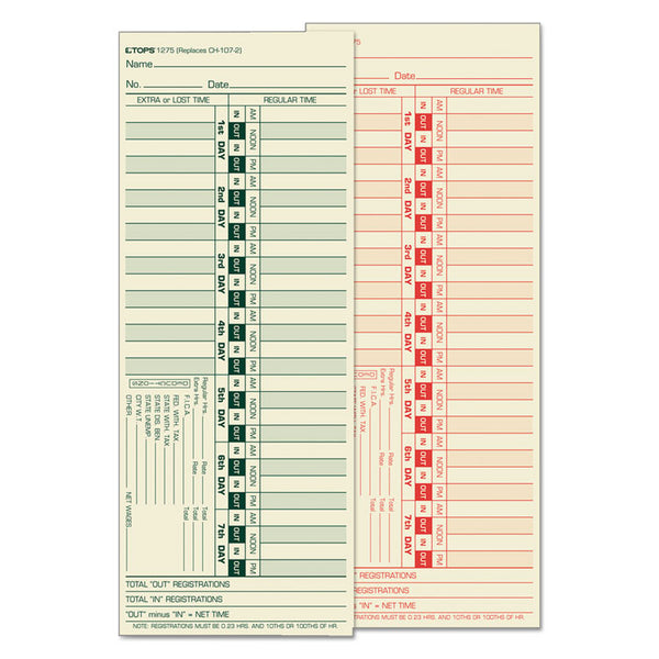 TOPS™ Time Clock Cards, Replacement for CH-107-2, Two Sides, 3.5 x 9, 500/Box (TOP1275) Pack of 500