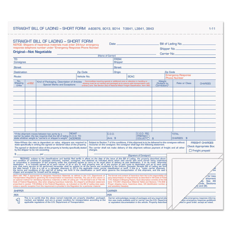 TOPS™ Hazardous Material Short Form, Three-Part Carbonless, 7 x 8.5, 50 Forms Total (TOP3841) Packof 50