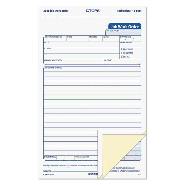 TOPS™ Job Work Order, Three-Part Carbonless, 5.66 x 8.63, 50 Forms Total (TOP3868) Packof 50