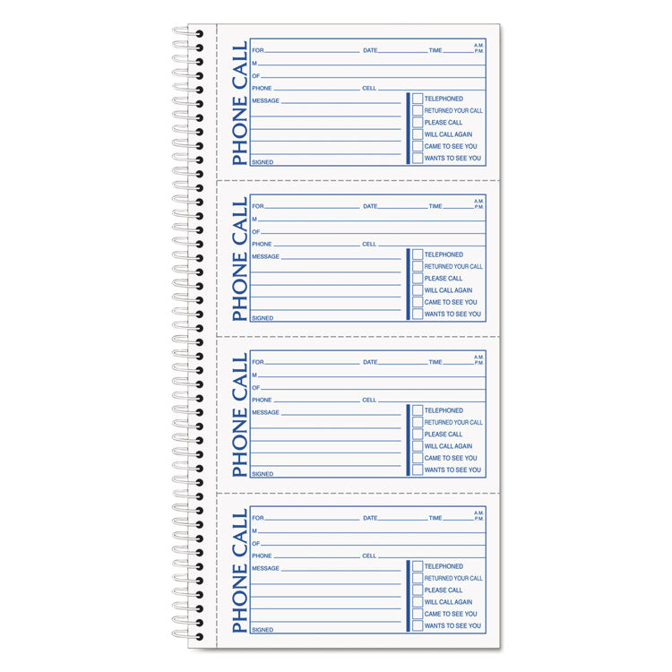 TOPS™ Spiralbound Message Book, Two-Part Carbonless, 5 x 2.75, 4 Forms/Sheet, 200 Forms Total (TOP4002) Each