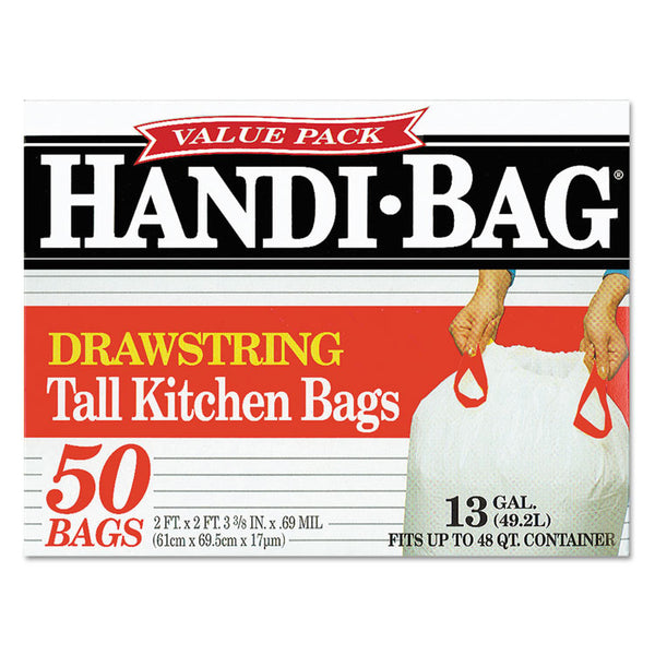 Handi-Bag® Drawstring Kitchen Bags, 13 gal, 0.6 mil, 24" x 27.38", White, 50/Box (WBIHAB6DK50)
