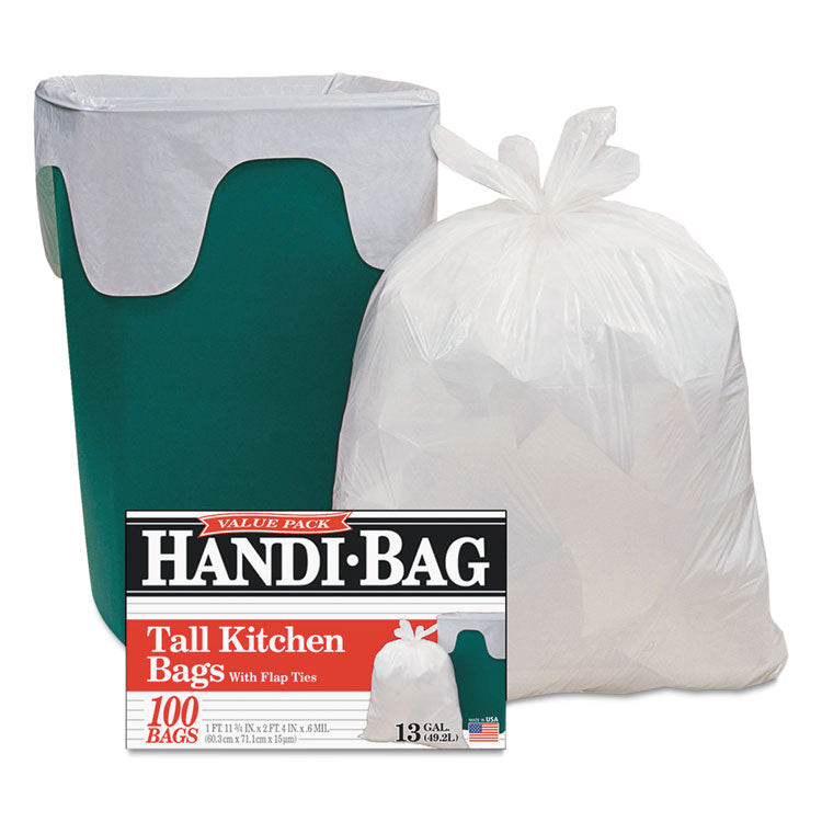 Handi-Bag® Super Value Pack, 13 gal, 0.6 mil, 23.75" x 28", White, 100 Bags/Box, 6 Boxes/Carton (WBIHAB6FK100CT) Pack of 100