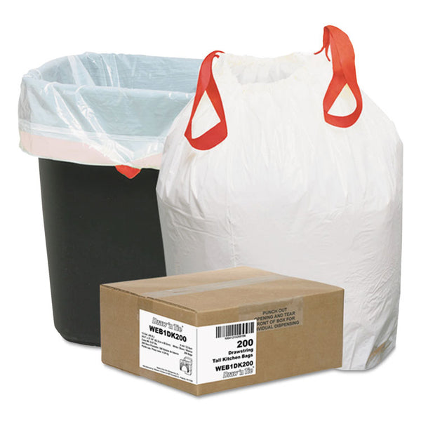 Draw 'n Tie® Heavy-Duty Trash Bags, 13 gal, 0.9 mil, 24.5" x 27.38", White, 50 Bags/Roll, 4 Rolls/Box (WBI1DK200)