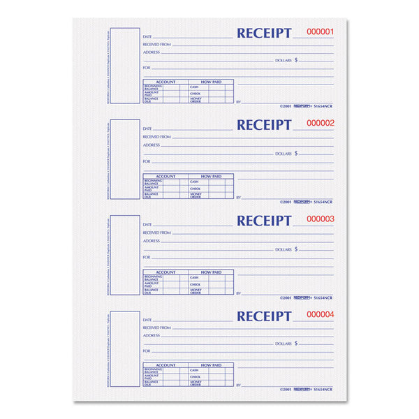 Rediform® Durable Hardcover Numbered Money Receipt Book, Two-Part Carbonless, 6.88 x 2.75, 4 Forms/Sheet, 300 Forms Total (REDS1654NCR)