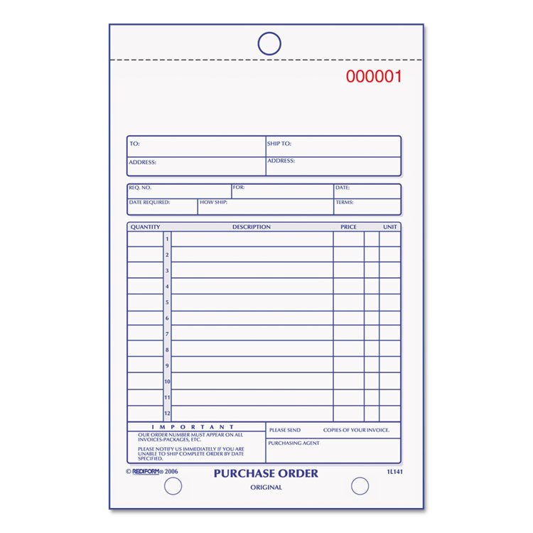 Rediform® Purchase Order Book, 12 Lines, Three-Part Carbonless, 5.5 x 7.88, 50 Forms Total (RED1L141) Each