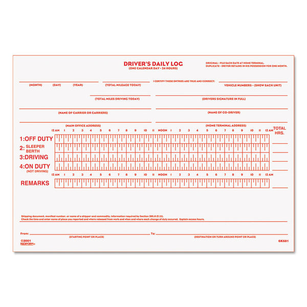 Rediform® Driver's Daily Log Book with Daily Record and Hours Summary, Two-Part Carbonless, 7.88 x 5.5, 31 Forms Total (RED6K681) Each