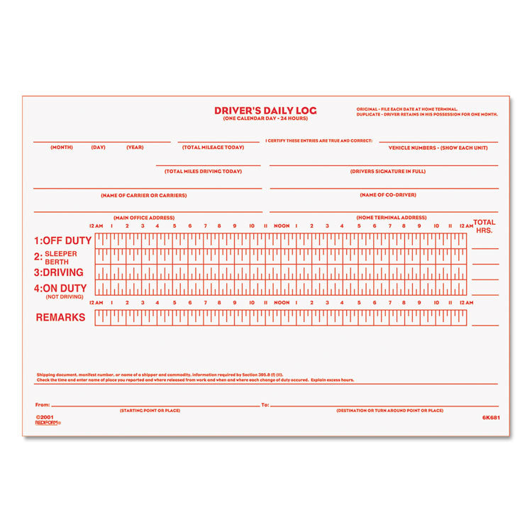 Rediform® Driver's Daily Log Book with Daily Record and Hours Summary, Two-Part Carbonless, 7.88 x 5.5, 31 Forms Total (RED6K681) Each