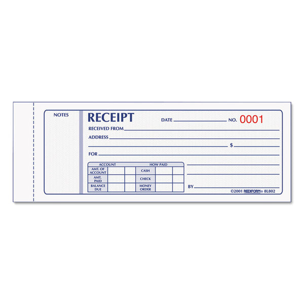Rediform® Receipt Book, Three-Part Carbonless, 7 x 2.75, 4 Forms/Sheet, 50 Forms Total (RED8L802) Each
