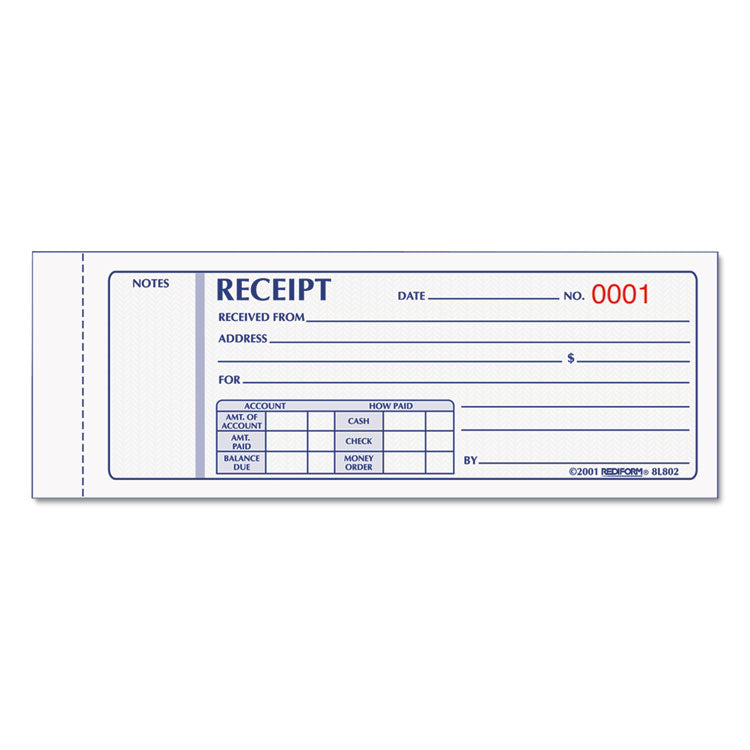 Rediform® Receipt Book, Three-Part Carbonless, 7 x 2.75, 4 Forms/Sheet, 50 Forms Total (RED8L802) Each