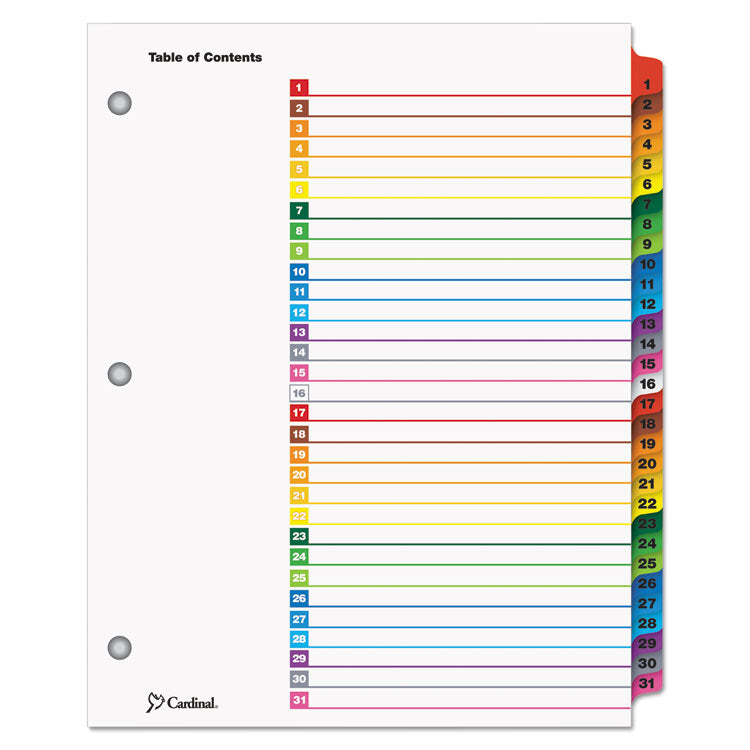 Cardinal® OneStep Printable Table of Contents and Dividers, 31-Tab, 1 to 31, 11 x 8.5, White, Assorted Tabs, 1 Set (CRD60118) Set of 31