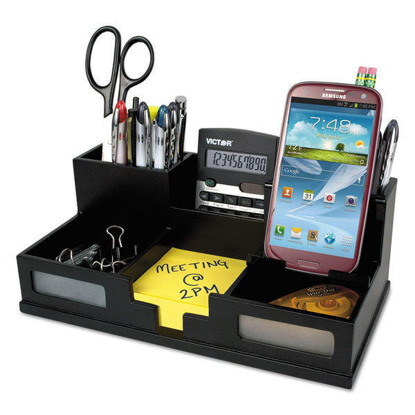 Victor® Midnight Black Desk Organizer with Smartphone Holder, 6 Compartments, Wood, 10.5 x 5.5 x 4 (VCT95255)