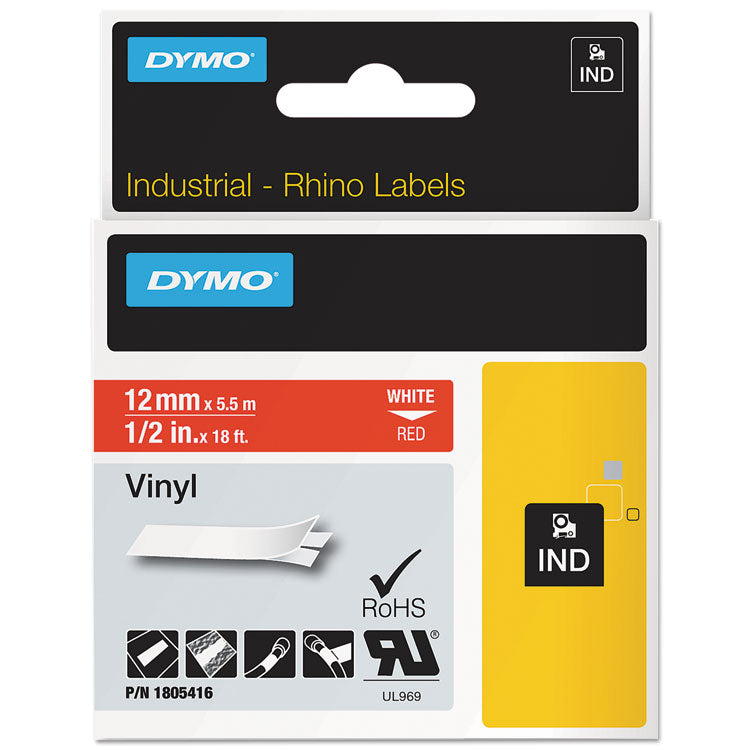 DYMO® Rhino Permanent Vinyl Industrial Label Tape, 0.5" x 18 ft, Red/White Print (DYM1805416)