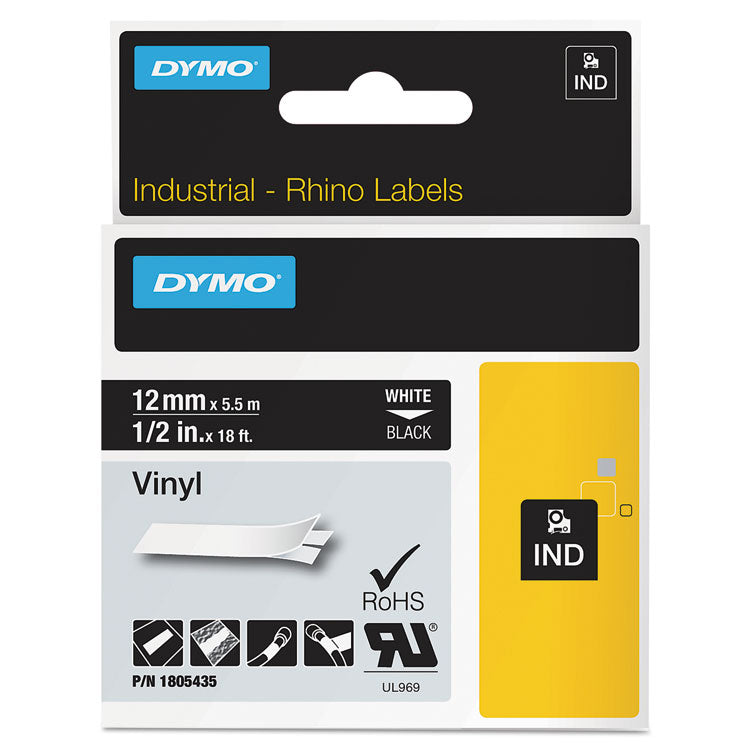 DYMO® Rhino Permanent Vinyl Industrial Label Tape, 0.5" x 18 ft, Black/White Print (DYM1805435)